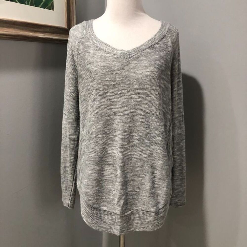 Miami Brand Lightweight Scoop V-Neck 3/4 Sleeve Grey White Sweater Large